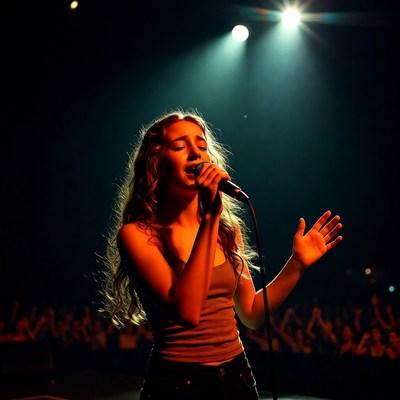 Young woman singing on stage