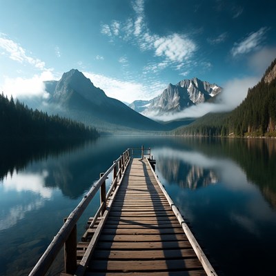 Wooden Pier Extending into Mountain Lake