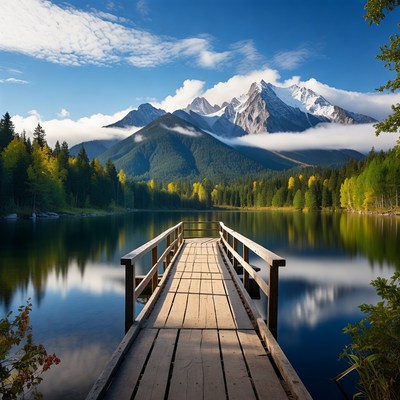 Wooden Pier Over Mountain Lake