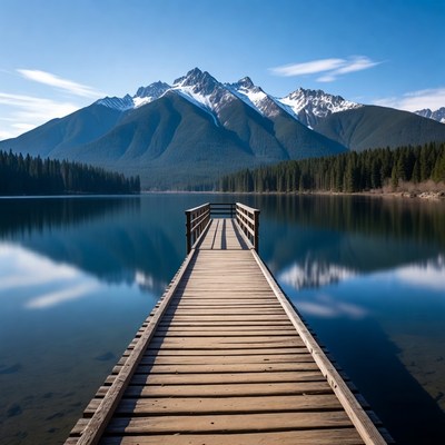 Wooden Pier Over Calm Mountain Lake