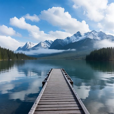 Wooden Pier into Mountain Lake