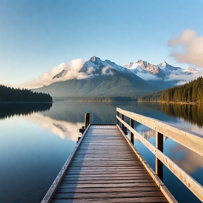 Wooden Pier Over Calm Mountain Lake