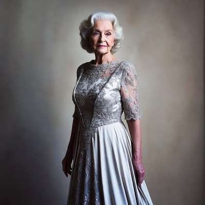 Elderly woman in silver lace gown