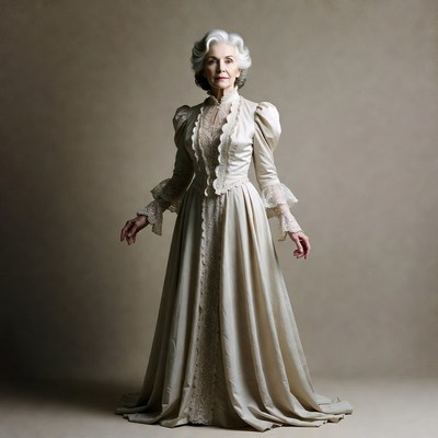 Elderly woman in Victorian lace gown