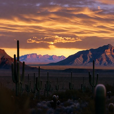 Saguaro Cacti at Sunset with Mountains