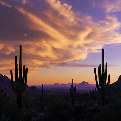 Saguaro Cacti at Sunset in Desert