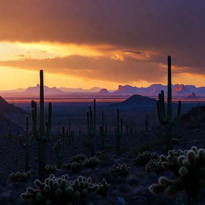 Saguaro Cacti at Sunset in Desert