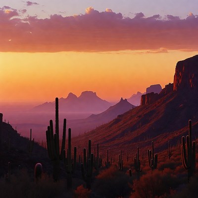 Saguaro Cacti at Sunset in Desert
