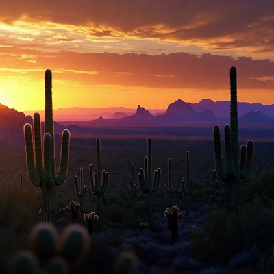 Saguaro Cacti at Sunset