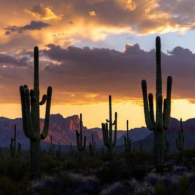Saguaro Cacti at Sunset with Mountains