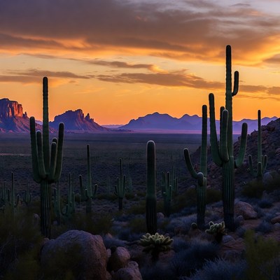 Saguaro Cacti at Sunset with Mountains