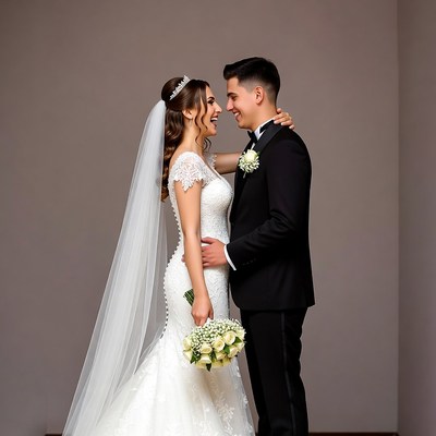 Bride and groom smiling together