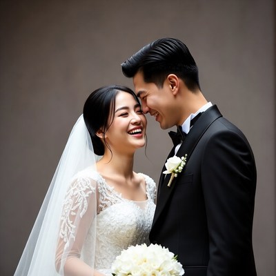 Asian bride and groom smiling