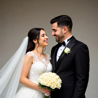 Bride and groom smiling together