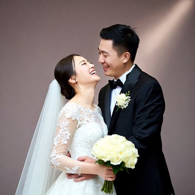 Asian bride and groom laughing together