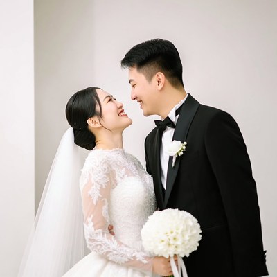 Asian bride and groom smiling together