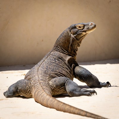 Komodo dragon sitting on sand
