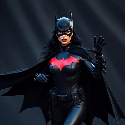 Batgirl in black batsuit raising hand