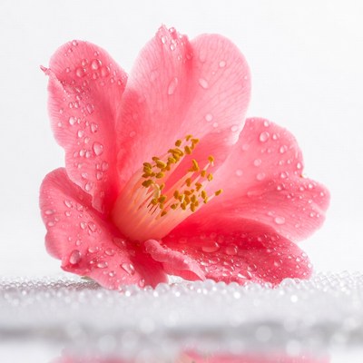 Pink Camellia Flower with Dew Drops
