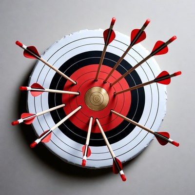 Red arrows hitting archery target
