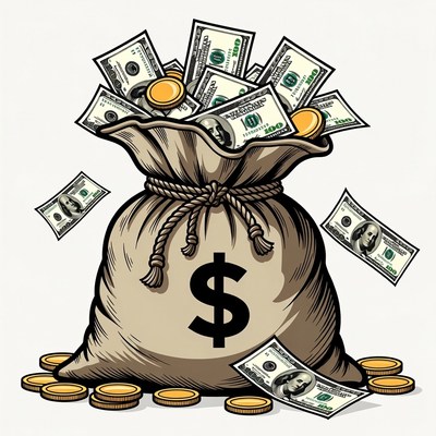 Money Bag Overflowing with Dollars and Coins