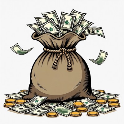 Money Bag Overflowing with Cash and Coins