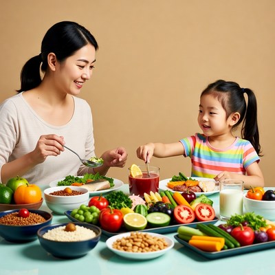 Asian mother feeding toddler healthy meal
