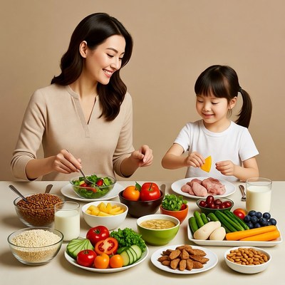 Asian mother and daughter eating healthy food