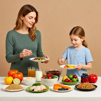 Mother and daughter with healthy food