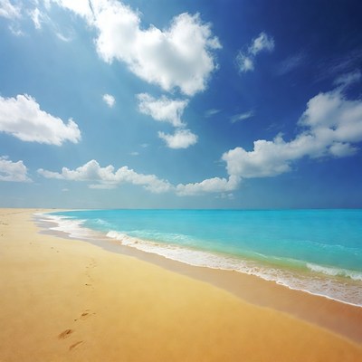 Sandy Beach with Footprints and Turquoise Ocean