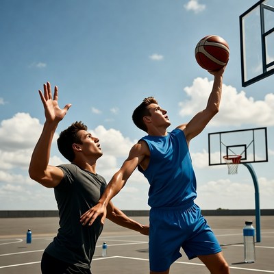 Two men playing basketball on outdoor court