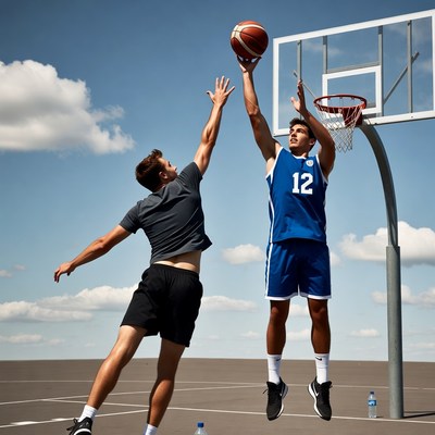Two men jumping for basketball