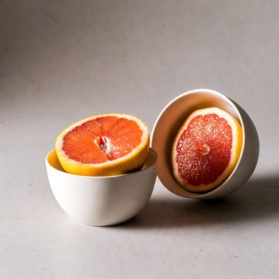 Halved Grapefruits in White Bowls