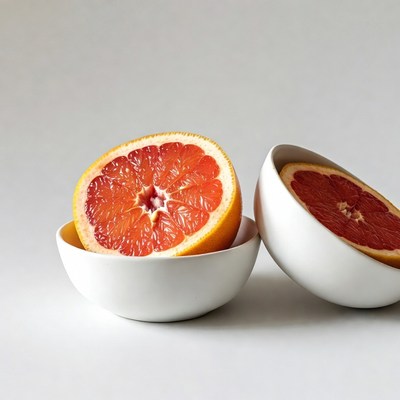 Two Halved Grapefruits in White Bowls