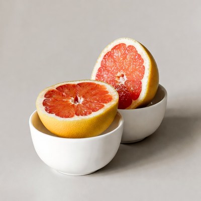 Halved Grapefruits in White Bowls