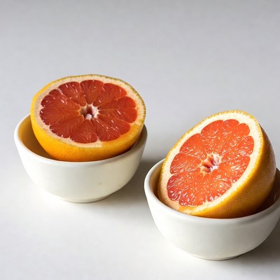 Two Halved Grapefruits in White Bowls
