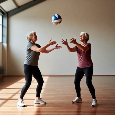 Two elderly women playing volleyball