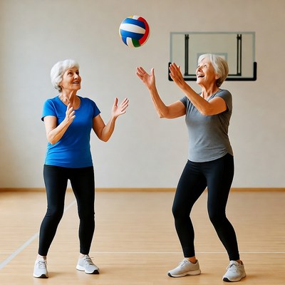 Elderly women playing volleyball indoors
