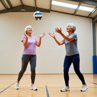 Two elderly women playing volleyball