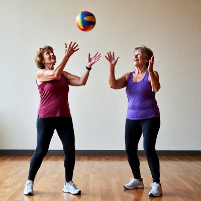 Two senior women playing volleyball