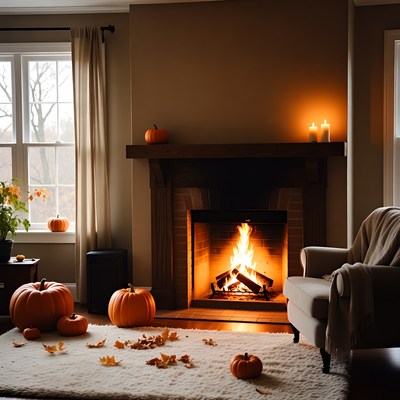Cozy Living Room with Fireplace and Pumpkins