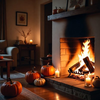 Cozy Living Room Fireplace with Pumpkins