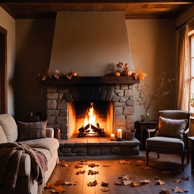 Cozy Living Room Fireplace with Autumn Leaves