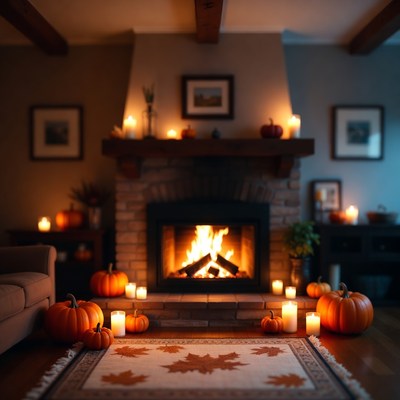 Cozy Fireplace with Pumpkins and Candles