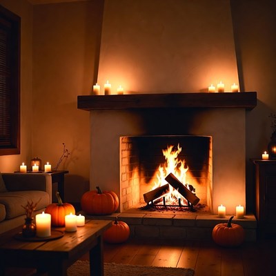 Cozy fireplace with pumpkins and candles