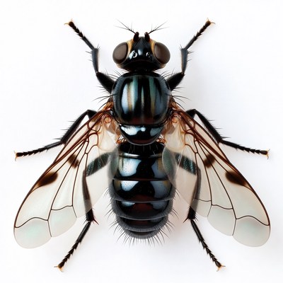 Black Metallic Fly on White Background
