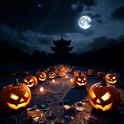 Halloween Pumpkins Leading to Pagoda