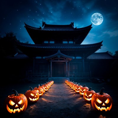 Halloween Pumpkins Leading to Dark Temple
