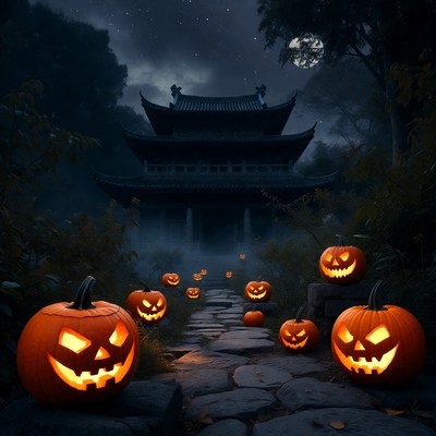 Halloween Pumpkins Path to Chinese Temple