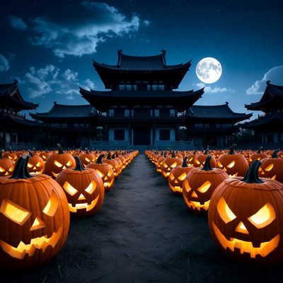Halloween Pumpkins Leading to Pagoda